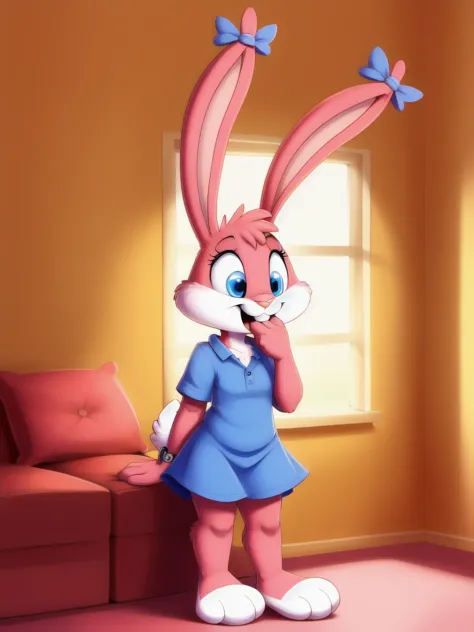 Girl, rabbit, girl, blue eyes, tears. cover your mouth , rabbit Teeth , pink nose,  pink body, Pink head, pink ears , pink legs , white cheeks , white legs, pubescent ears, white tail, blue polka dot sundress , purple ear bows,  watch ,  standing, Modest, ...