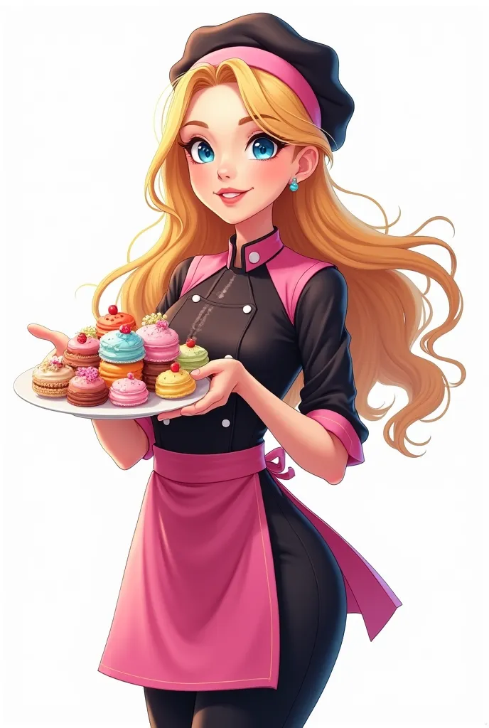 Happy digital art illustration with blond hair blue eyes with professional confectionary clothing in black and pink with a flow of confectionery in her hand on a white full body background