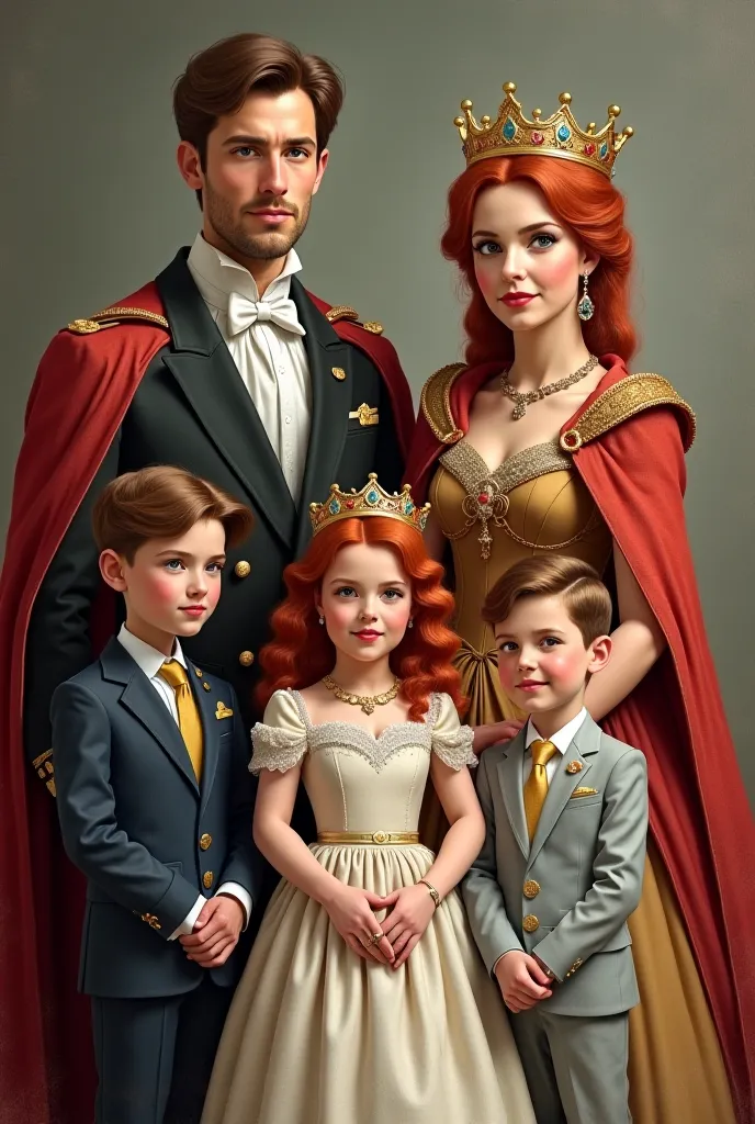 Brown hair king 40s. Red hair queen 35. Red hair princess 7. Brown hair prince 8. Brown hair prince 3. Realistic. Portrait 