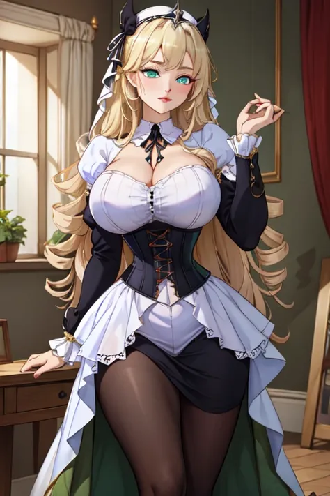 (masterpiece, best quality, absurdres, 4k, aesthetic, detailed, intricate),1girl,nikkecrwn,tiara, hair ribbon, long blonde drill hair, drill locks, black and white nun's clothes, elegant Victorian-inspired outfit with a gothic-lolita aesthetic. green color...