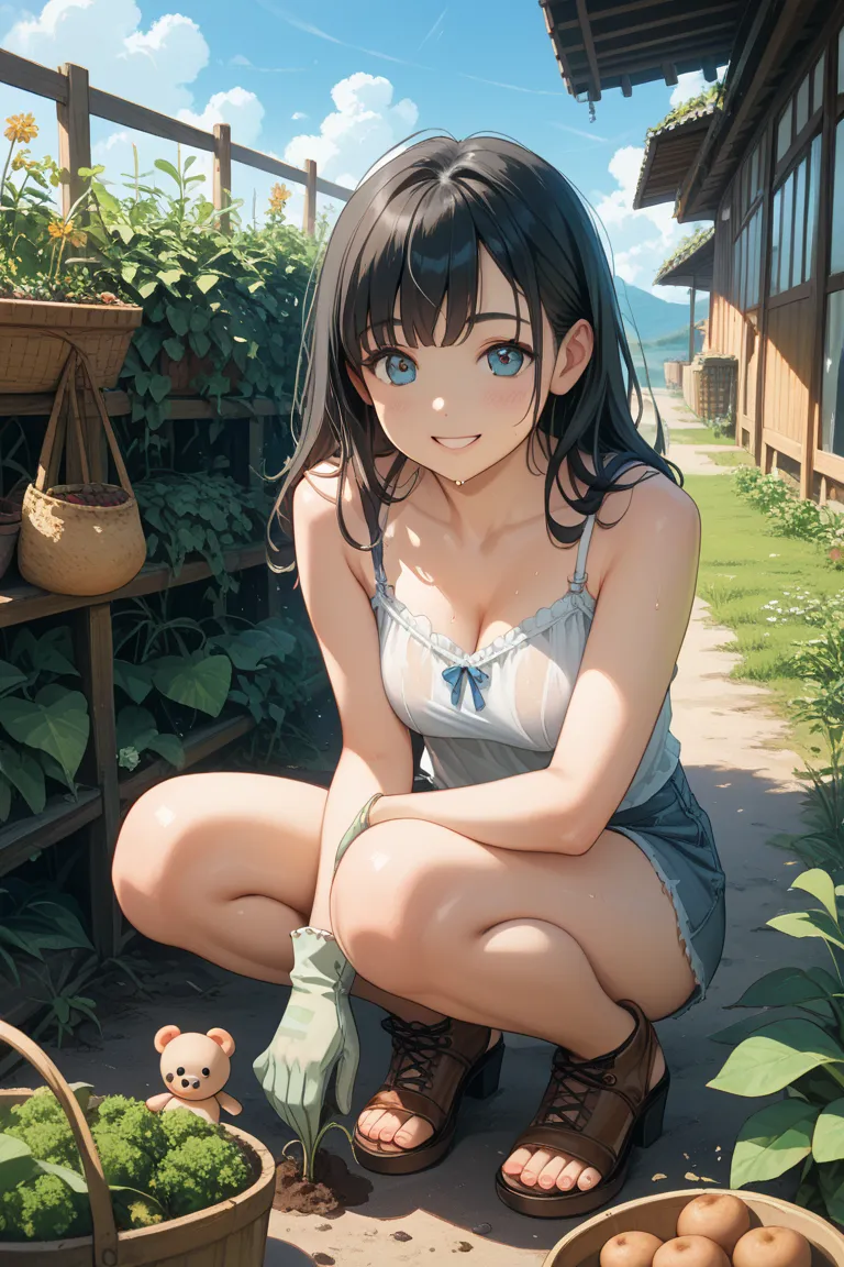 "A realistic 25-year-old Japanese woman wearing a silk camisole, engaged in an outdoor activity of digging up sweet potatoes in a field. The woman has medium-length black hair, soft facial features, and a natural, casual expression. She is crouched down on...