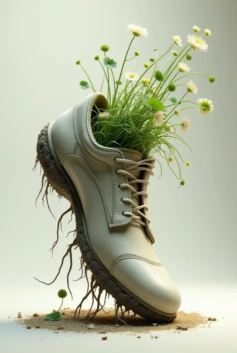  shoe taking off the sole and branches or a plant coming out of it but from the peeled sole