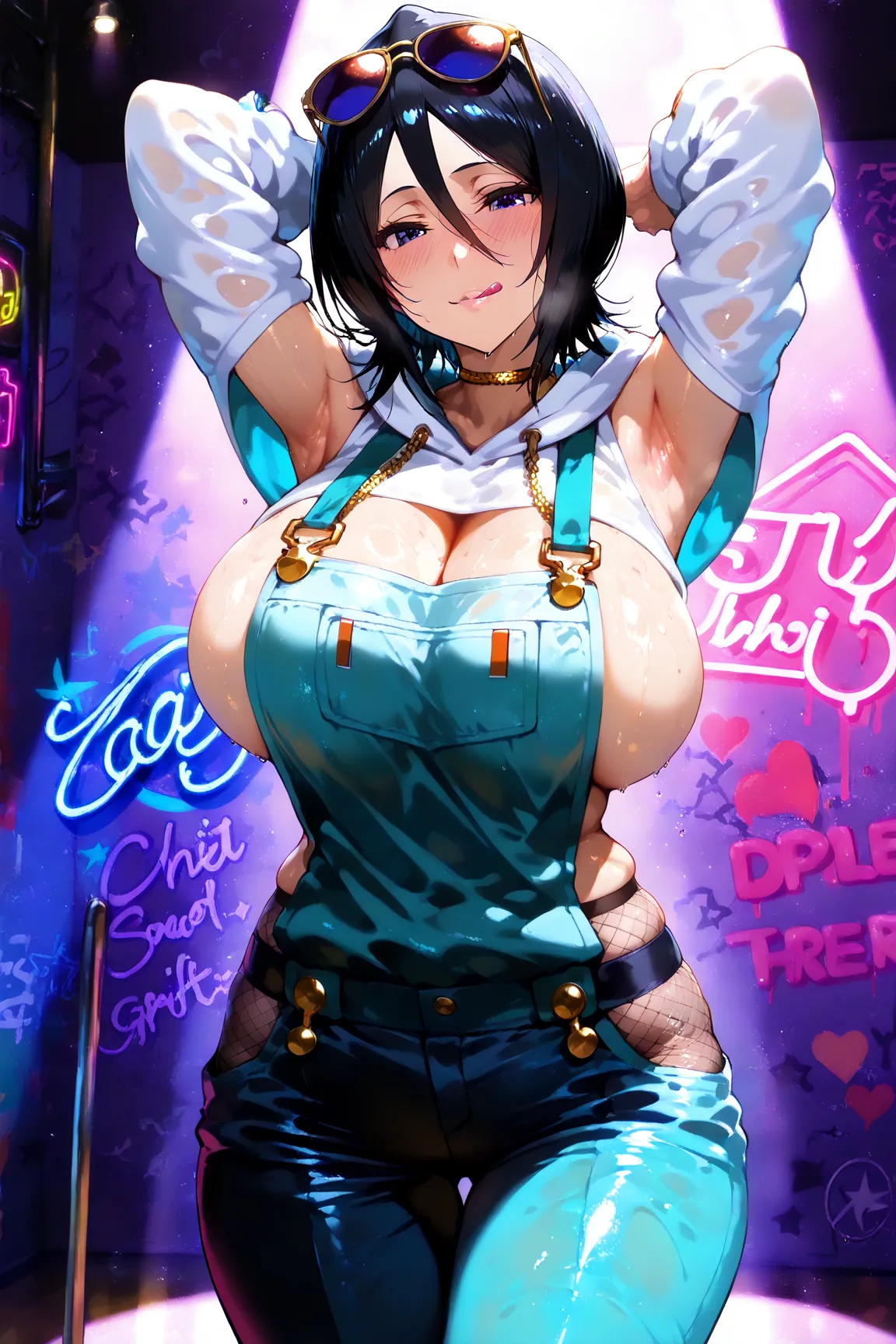 "Rukia Kuchiki in a relaxed,  short black hair is slightly tousled by the breeze, and she wears a pair of chic sunglasses. "Create an image of a female character with black hair styled in a trendy, edgy way. She is wearing a modern hip-hop outfit, consisti...