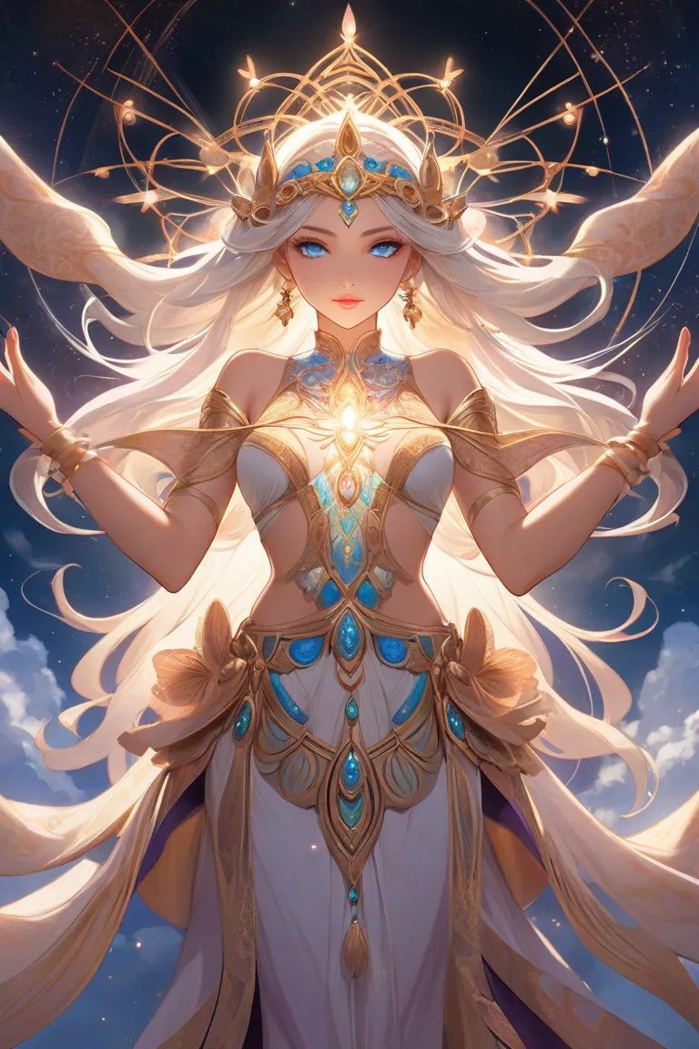 A tantric goddess with six arms stands gracefully amidst a serene landscape. Her skin glows with a soft, ethereal light, her eyes sparkling with ancient wisdom. Each hand moves gracefully, weaving intricate patterns in the air. She gestures invitingly, bec...