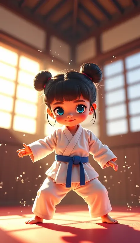 A cute, determined six-year-old girl with big eyes and double buns, wearing a white martial arts uniform, practicing high kicks in a small dojo. Sweat glistens on her forehead as sunlight streams through paper windows, illuminating her focused expression.
...