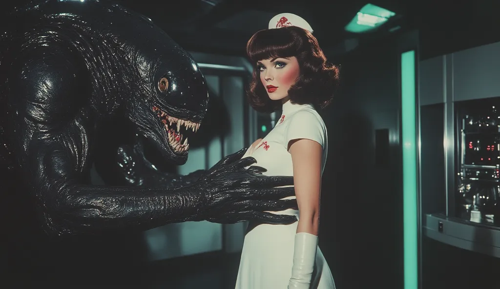 Close-up of a Xenomorph from the movie Alien. The Xenomorph has the torso of a bodybuilder. Broad shoulders. He is holding a stunning Woman from behind with both hands on her chest, She is wearing a white latex nurse uniform with an above-the-knee skirt th...