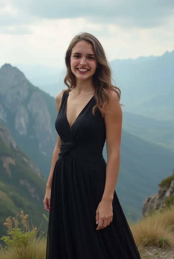 Full-length photo of a girl, in a black office style evening dress. The dress has a mid-thigh neckline. The dress fits the girl's narrow waist. The girl is fully faced on camera. The girl at the top of the mountain, mountain peaks around her. Jesus looks f...