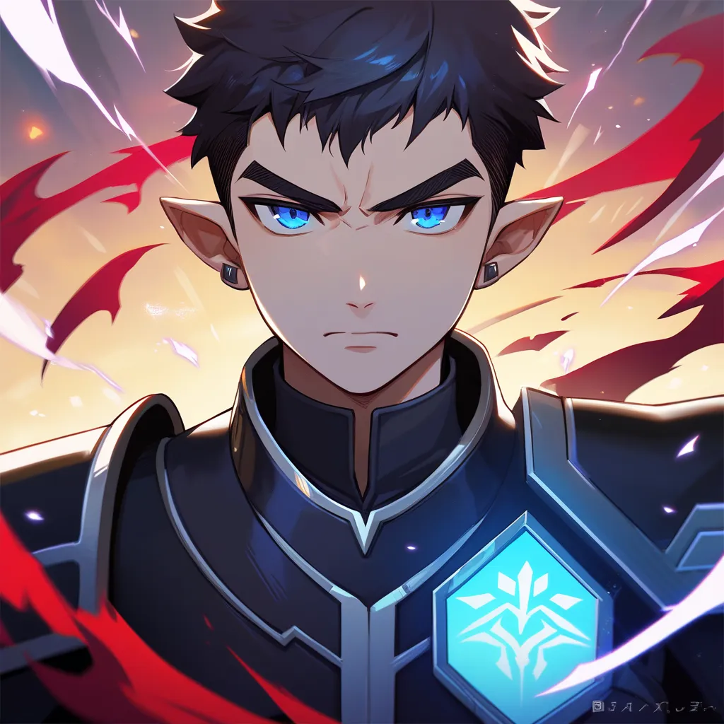 1 man, Best Quality,  Dark Hair, short hair, Home Watch Video,  Demon King, shine effect, cartoon, damaged, Pointed ears, disdain, serious, demon, Black Armor Single Man, young, blue eyes, 