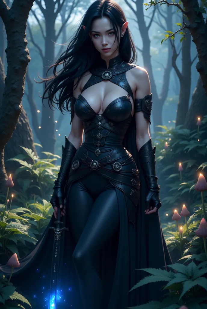 An elven shadow samurai, immersed in the mysterious atmosphere of a moonlit forest. Her delicate, sharp facial features are accentuated by the silvery glow of her narrow eyes, radiating cold wisdom and a hint of mystery. Long, night-black hair flows in the...