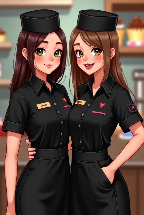 Create an Instagram avatar with two girls in professional black uniform, one girl is a little taller, she has straight dark brown hair to her chest, maybe a little longer, and green eyes, the other is a little shorter, she has straight light brown long hai...