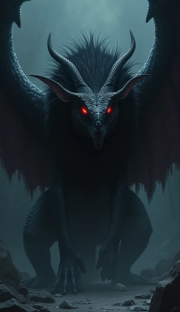 Detailed illustration of El Culebrón: a gigantic serpent of about 1,60 meters long, sturdy body and truncated tail. It has a thick, black mane that extends along its back, used as wings to fly. Its red eyes shine brightly in the dark. The creature is parti...