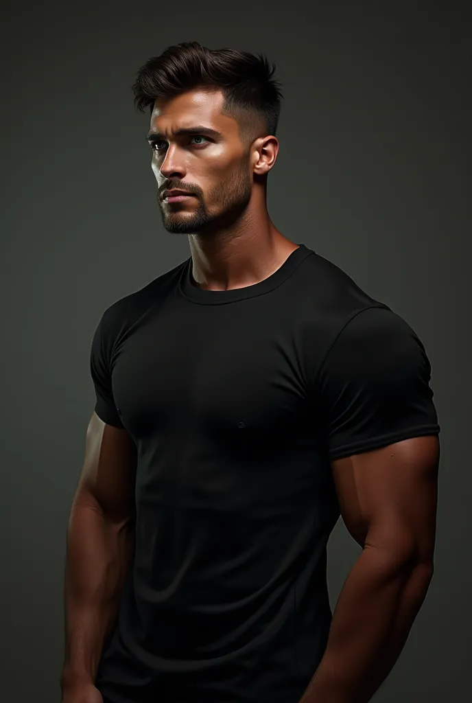 Young brown man with gorgeous bad boy with no beard in profile with super light blue eyes, Wearing a black T-shirt, he is very muscular and he looks a bit down