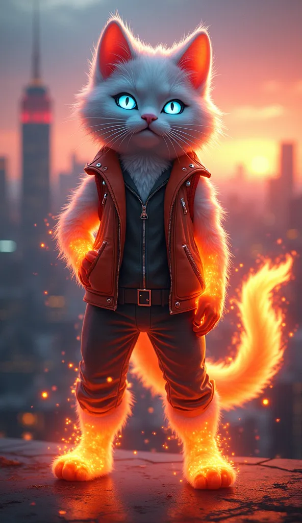 "A dynamic humanoid cat with fluffy white fur and electric blue eyes, surrounded by swirling fiery aura. Wearing a sleeveless leather jacket with flame patterns, standing in a confident pose on a city rooftop at dusk. Orange-red embers float around her paw...