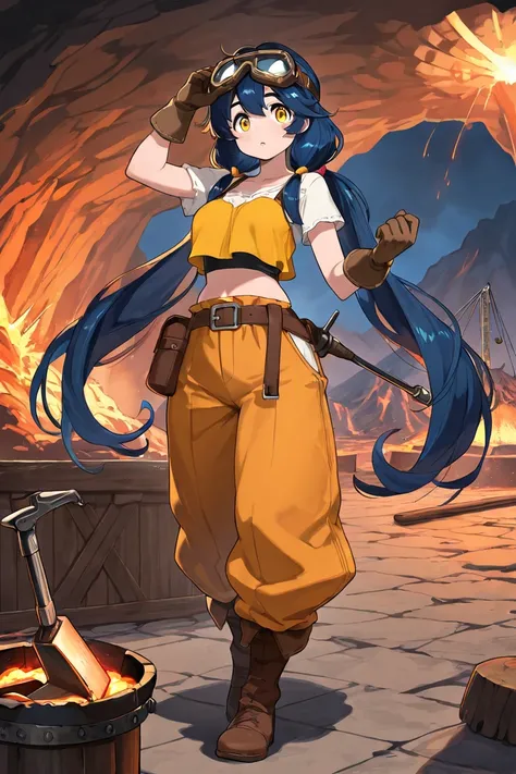 masterpiece, best quality, full body, anime colored, from front, one girl, solo, dark blue hair, low twintails, airy hair, curvy hair, voluminous hair,  yellow eyes, tareme, blacksmith, goggles on head, crop top, midriff peek, baggy pants, hammer on the ri...