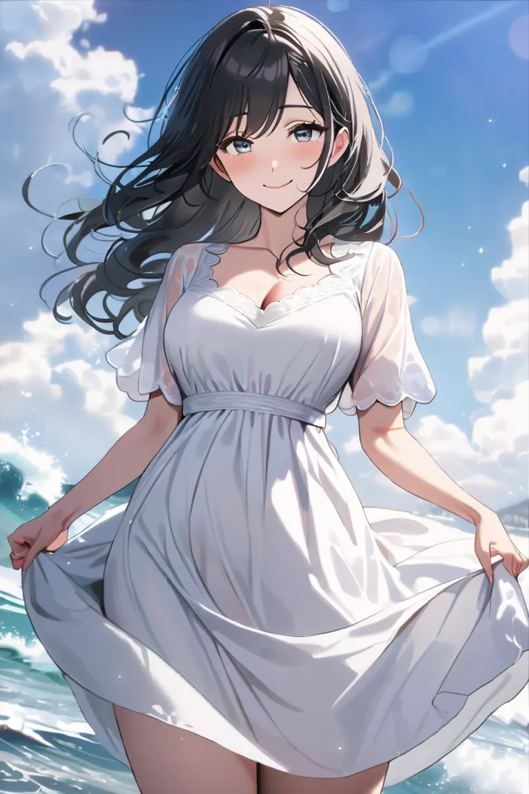 top quality, masterpiece, High Resolution, 8k, (1 girl), Alone, cute, (cowboy shot), (((Mother in a simple and neat white dress))), milf, ((( black hair))), (wave hair), Mature Woman, ((( gentle droopy eyes))), ((( toro face))), smile