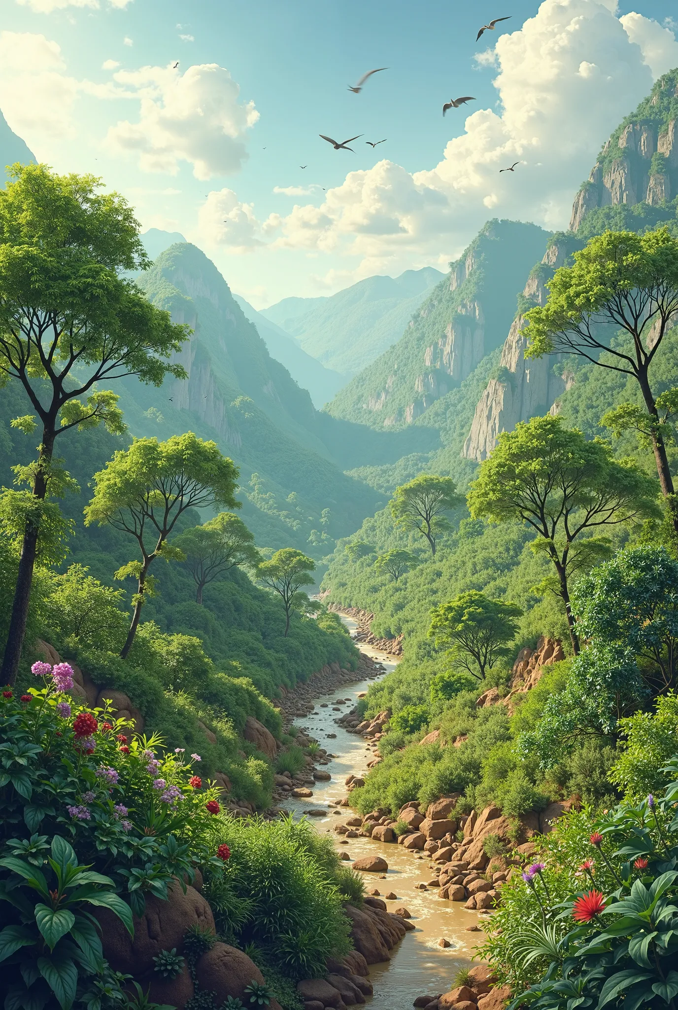 A realistic background of a valley where trees are being planted that are surrounded by biodiversity and will help to reduce the impact of climate change. 