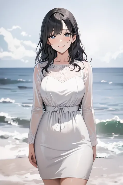 top quality, masterpiece, High Resolution, 8k, (1 girl), Alone, cute, (cowboy shot), (((Mother in a simple and neat white dress))), milf, ((( black hair))), (wave hair), Mature Woman, ((( gentle droopy eyes))), ((( toro face))), smile