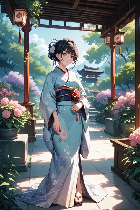 A short girl with black hair and a horizontal knot in a kimono