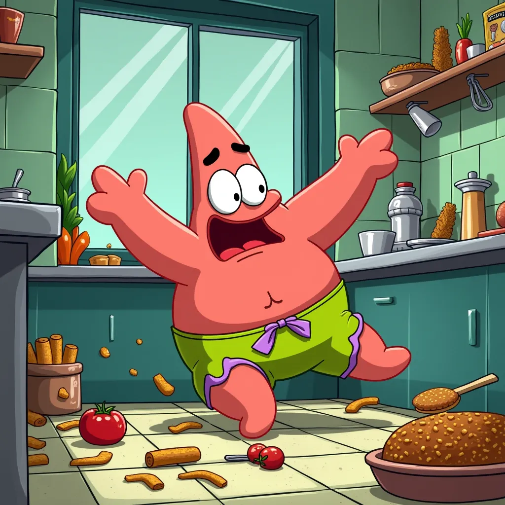  Description : "Patrick  stumbling  na cozinha do Krusty Krab, com scattered ingredients por todo lado. He falls clumsily, but still smiles with his typical smile. O chaos da cozinha é visível com pedaços de comida e ingredientes por todos os lados."
keywo...