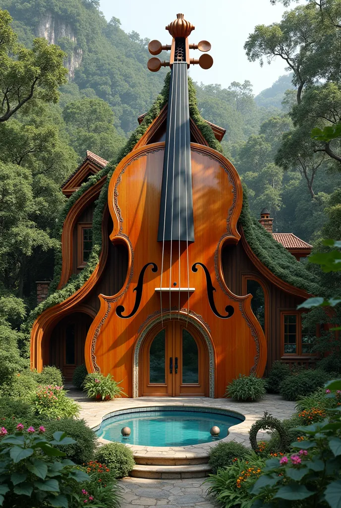 House in the shape of a violin with pool in the center 