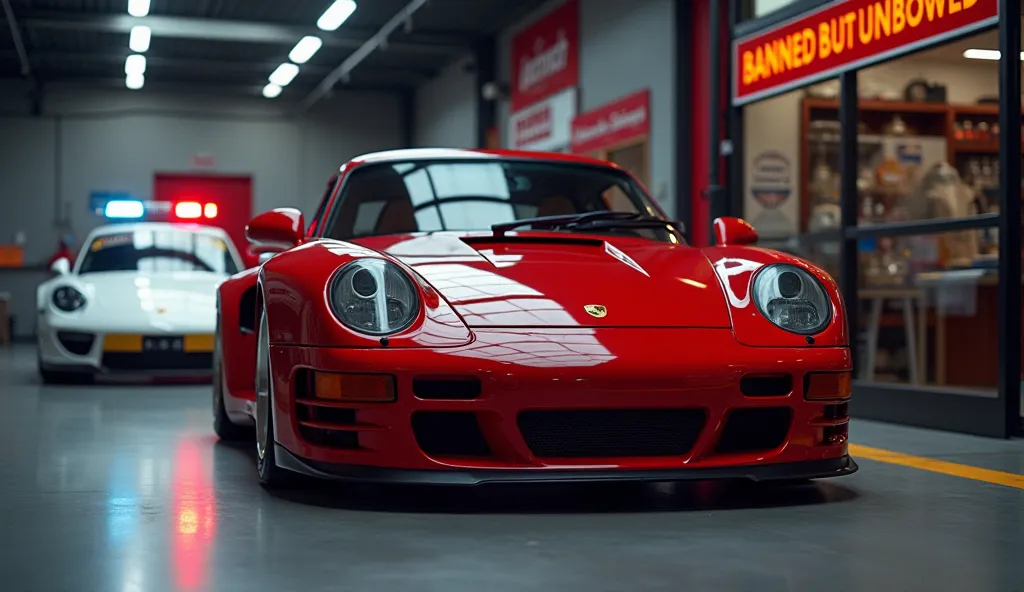 (Vehicle: Porsche 959 & 911 GT1 | Color: Guards Red | Showroom/Police Scenes | Far Distance)
Final Scene:
"Red Porsche 959 in showroom exit, police car outside with flashing lights, ‘BANNED BUT UNBOWED’ banner, Speed Scout logo, 8K resolution."