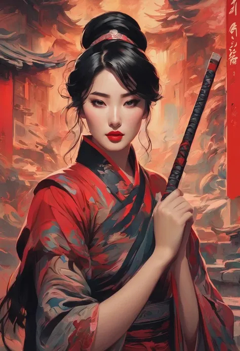 Hua Mulan，Show female bravery，shy，hero，，Black and red color scheme，poster，iconic disney characters。shonen style, anime style, straight hair