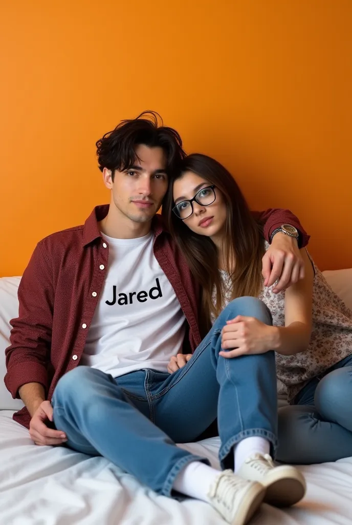 Photo full body of A Europe man with a black hair and a relaxed posture is wearing  hoody is dark slightly tousled hair falls naturally over his forehead. He is dressed in a white graphic t-shirt with the 'Jared' logo, layered under a stylish red  button-u...