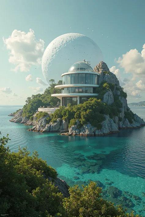 The island, surrounded by lush greenery, features a futuristic observatory house built with white stone and transparent walls. The house blends into the celestial environment, with a glowing force field preventing objects from falling.