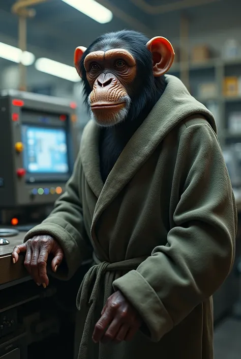 A chimpanzee in a robe near cnc