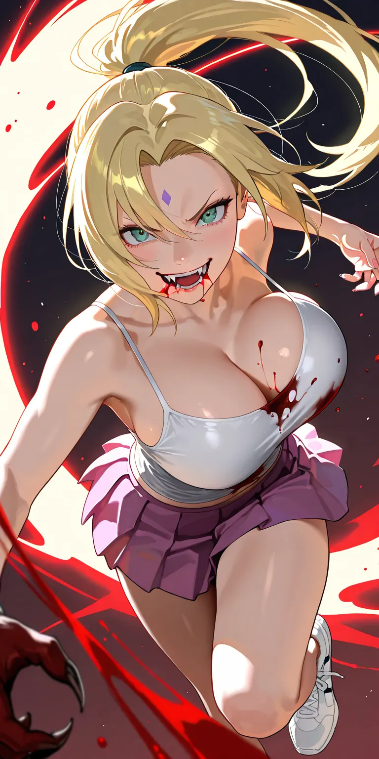 Masterpiece, newest, vibrant, very aesthetic, high contrast, mature woman, tsunade, light green eyes, yellow hair, high ponytail long hair, white spaghetti strap top, pink pleated mini skirt, white sneakers, full body, evil smile, open mouth, vampire fangs...