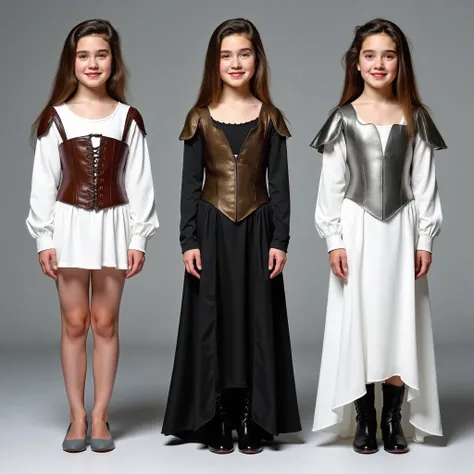 The same young girl is standing exactly full length in the image, dressed in three types of robes, 1 type - dressed in a short white skirt with a leather corset, grey shoes, 2 type - dressed in a black satin dress with a cut out on the leg, bronze corset, ...