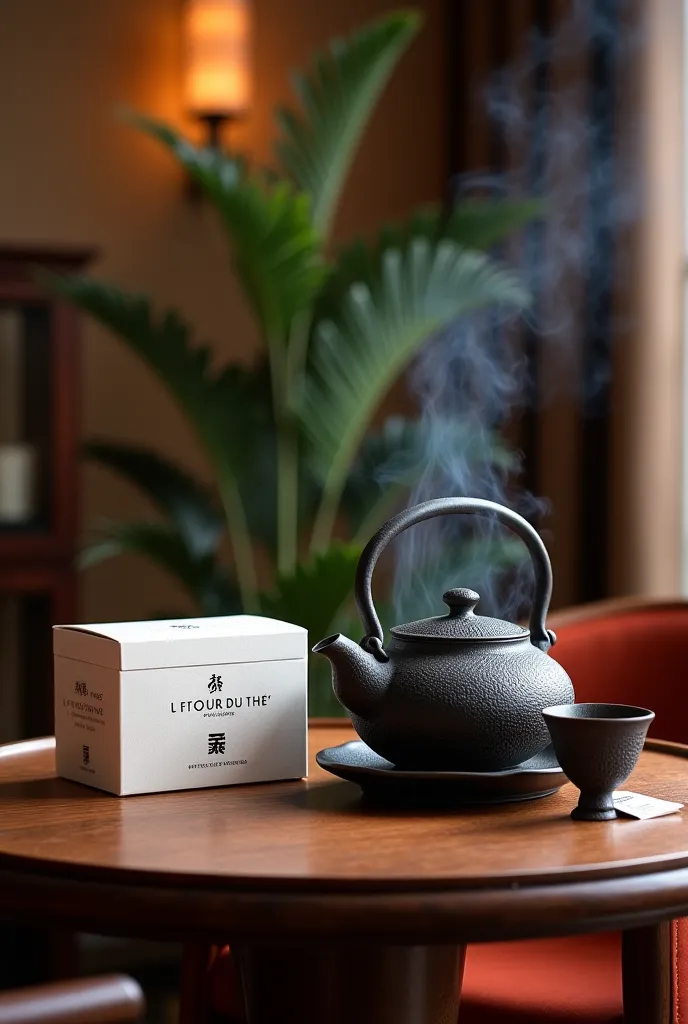 beautiful, delicate and fine Japanese iron teapot and Japanese teacup, hot and steaming, on an elegant table , on the table next to the teapot, a rectangular white box slightly smaller than the teapot, And on the front of the box, the phrase LE TOUR DU THÉ...