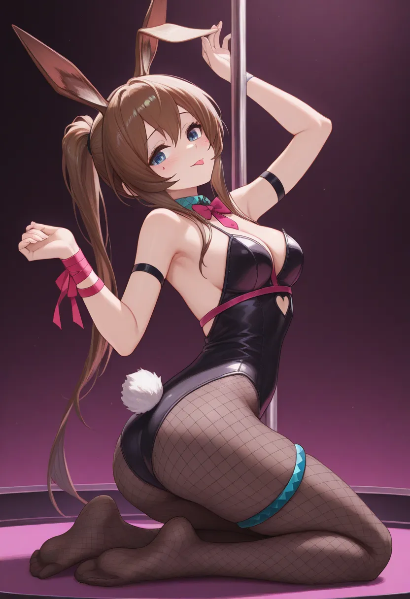 (Masterpiece, Best quality), 1girl,solo,amiya_\(arknights\), rabbits ears,brown hair,blue eyes,teardrop facial mark, ponytail, playboy bunny, black leotard, heart cutout, detached collar, pink bowtie, arm strap, wrist ribbon, wrist cuffs, brown pantyhose, ...