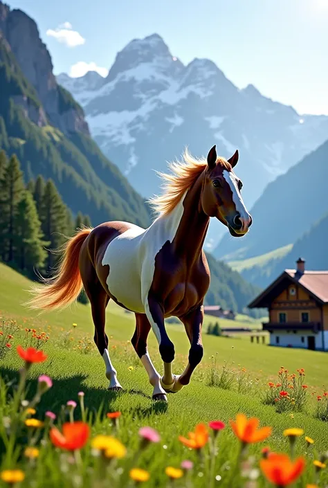 Lauterbrunnen, Switzerland horses breed paint horse galloping . Swiss house 