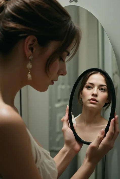 woman holding mirror, with the mirror near the camera slightly out of focus