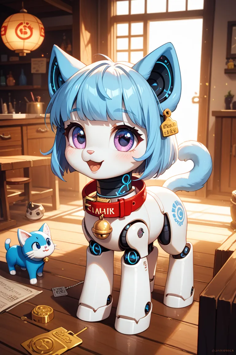 Aoi　Cat Type　 robot 　Round body　 red collar on the floor　A bell around my chest