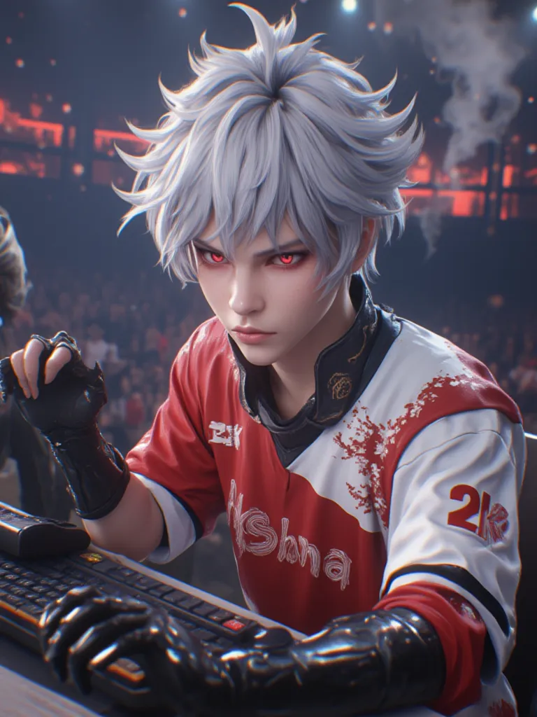 An ultra realistic male anime character, with short white hair with detailed black details, red eyes, sitting in front of a computer looking to the side,on his face a serious face, the red and white shirt with various black and white details, on the back o...