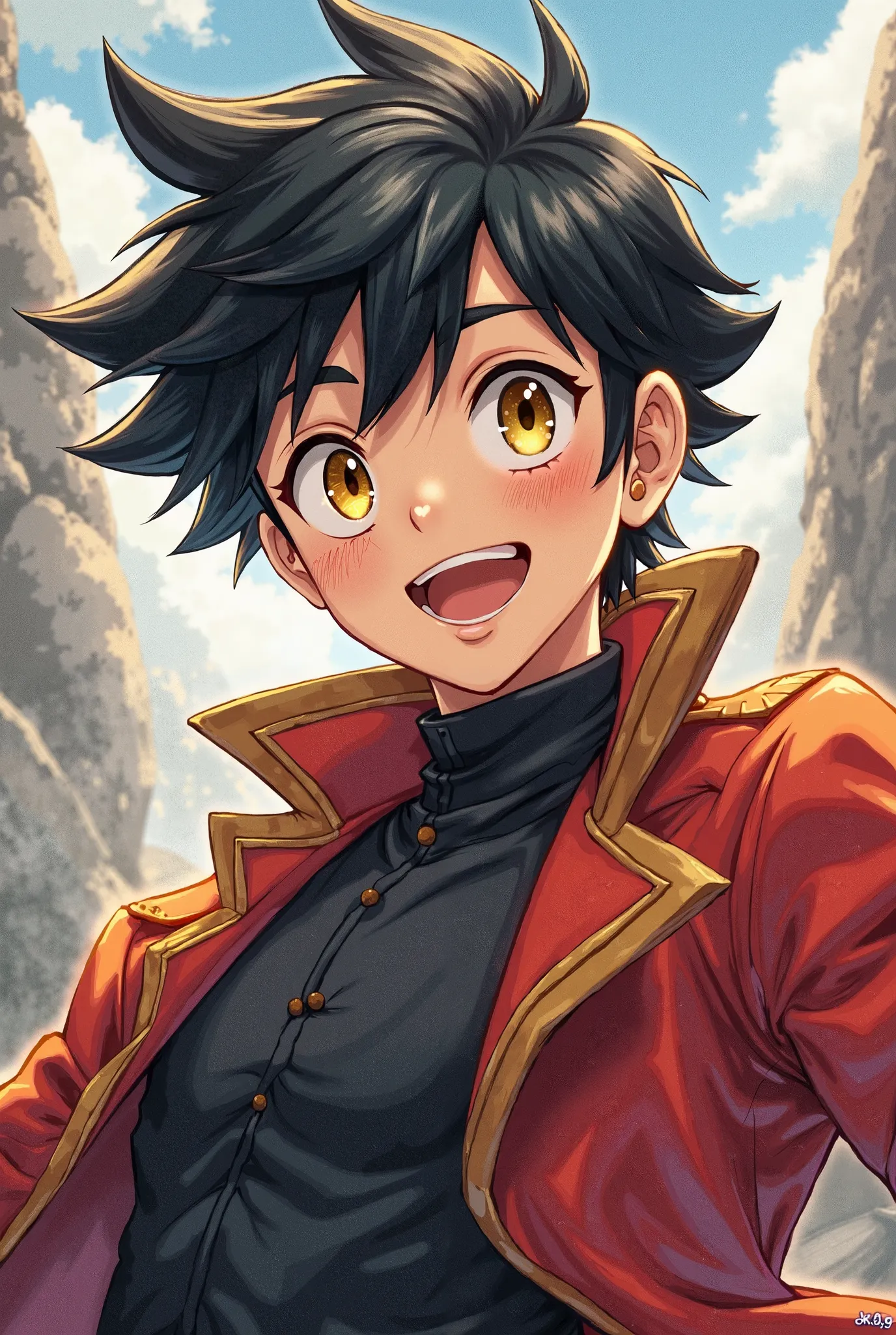 male character anime design, gold eyes, black hair, with a smile