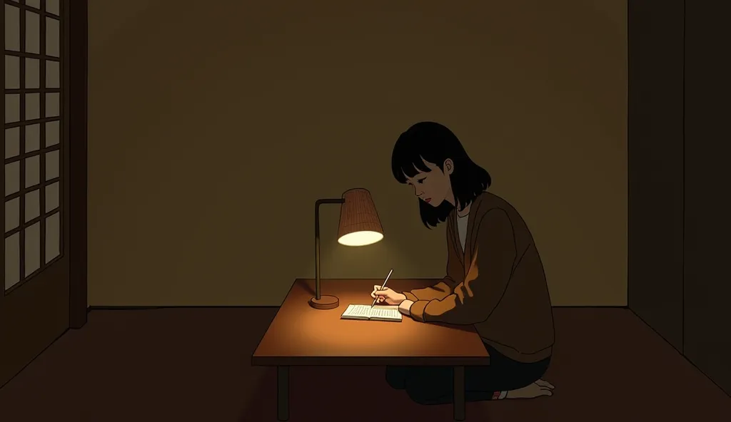 A quiet evening scene of a minimalist Japanese home, with a person sitting at a low wooden table, carefully recording daily expenses in a small notebook. The space is simple and warm, with a paper lamp casting soft light over the room.