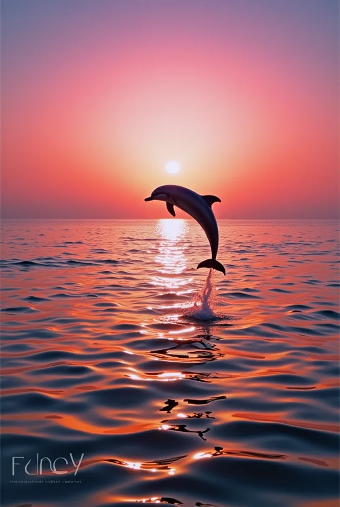 A serene beach sunset with a lone dolphin mid-jump above gentle ocean waves. The sun is low on the horizon, casting a warm pink and orange glow across the water. The dolphin's body glistens in the fading light, while ripples from its leap shimmer in the re...