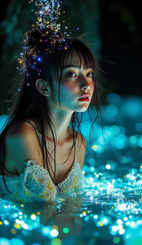 Japanese idol (20 years old) with holographic bare shoulders projecting solar flare patterns, hair composed of vibrating photosynthetic tendrils, floating in anti-gravity above bioluminescent mangrove forest where breath condenses into glowing plankton clo...