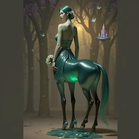 "An elegant jade centaur bride，The upper body is a young woman with a soft skin tone，Wearing a long lace veil inlaid with pearls，Holding a bouquet of lily of the valley，Hair decorated with star dew petals。The lower body is a toned white horse，Covered with ...