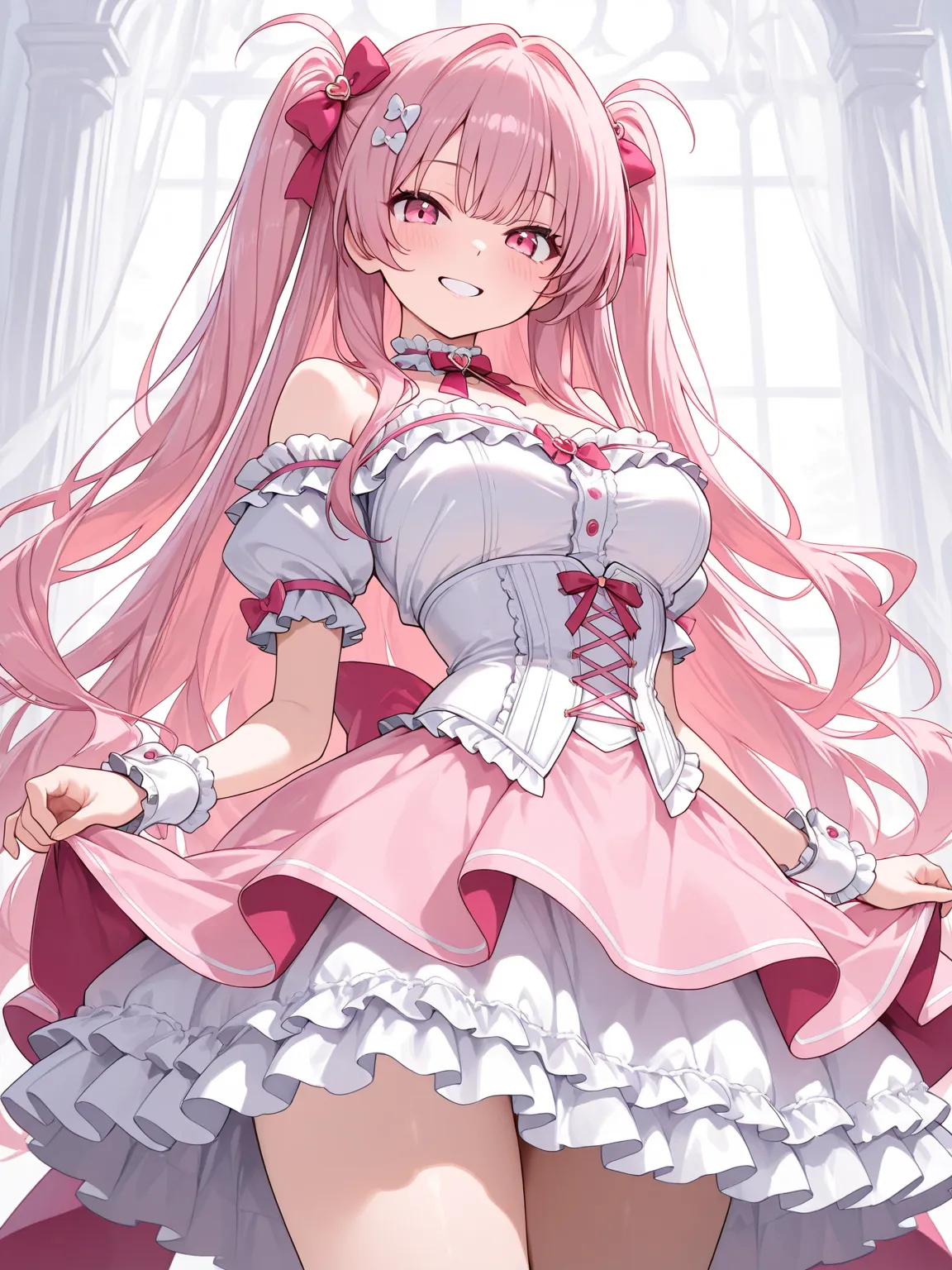 (masterpiece, best quality, extremely detailed), 
1girl, pink hair, very long hair, two side up, pink eyes, white shirt, off-shoulder shirt, layered clothes, puffy short sleeves, frilled skirt, pink skirt, white skirt, high-low skirt, frills, white corset,...