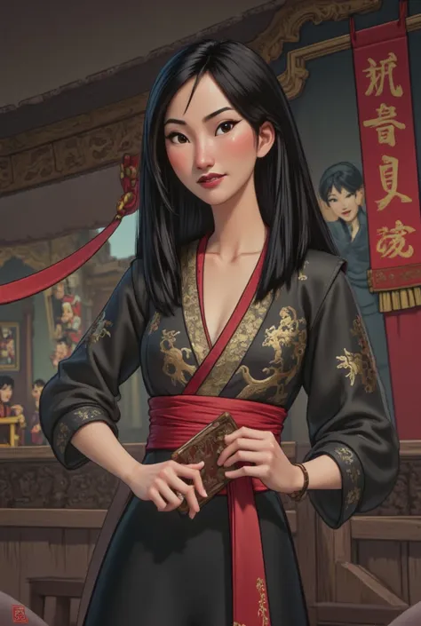 Hua Mulan，Show female bravery，shy，like a porcelain doll, fine features, delicate，Black and red color scheme，poster，iconic disney characters。shonen style, anime style, straight hair, ((long hair)), ((really shy)), beautiful, delicate, ((dutch angle))