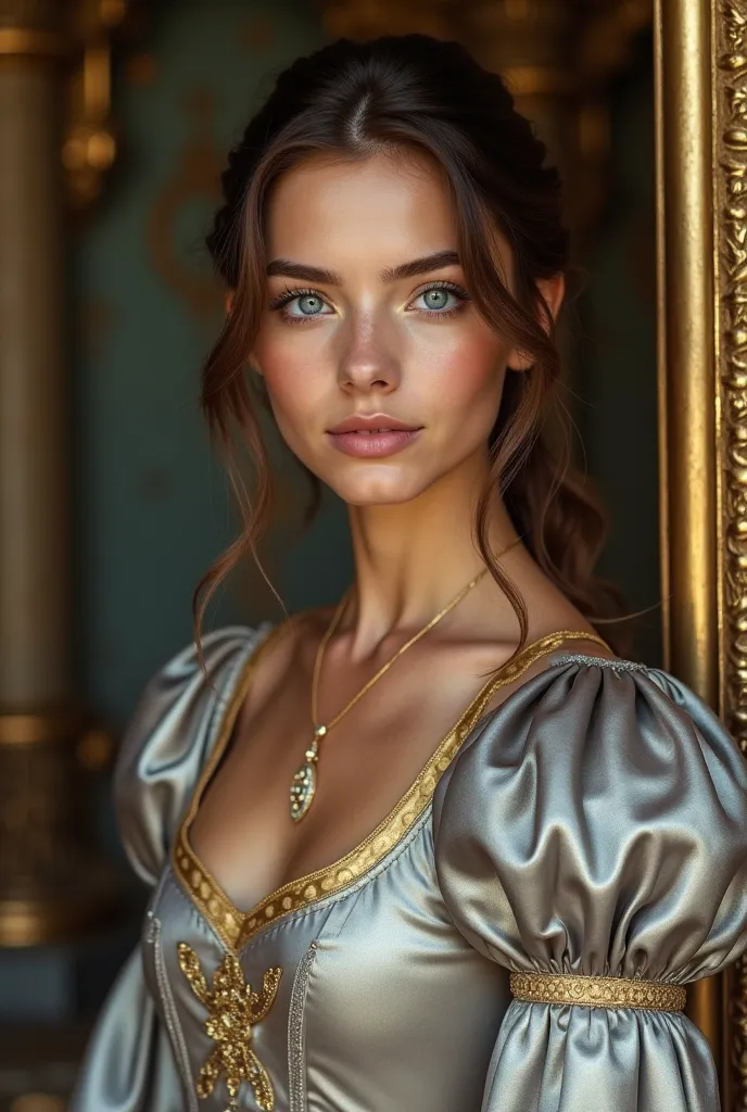 medieval girl in a silver silk dress with golden lining, brown hair, blue eyes, looks sharp, 20 years old, princess,  in a castle, neat hair