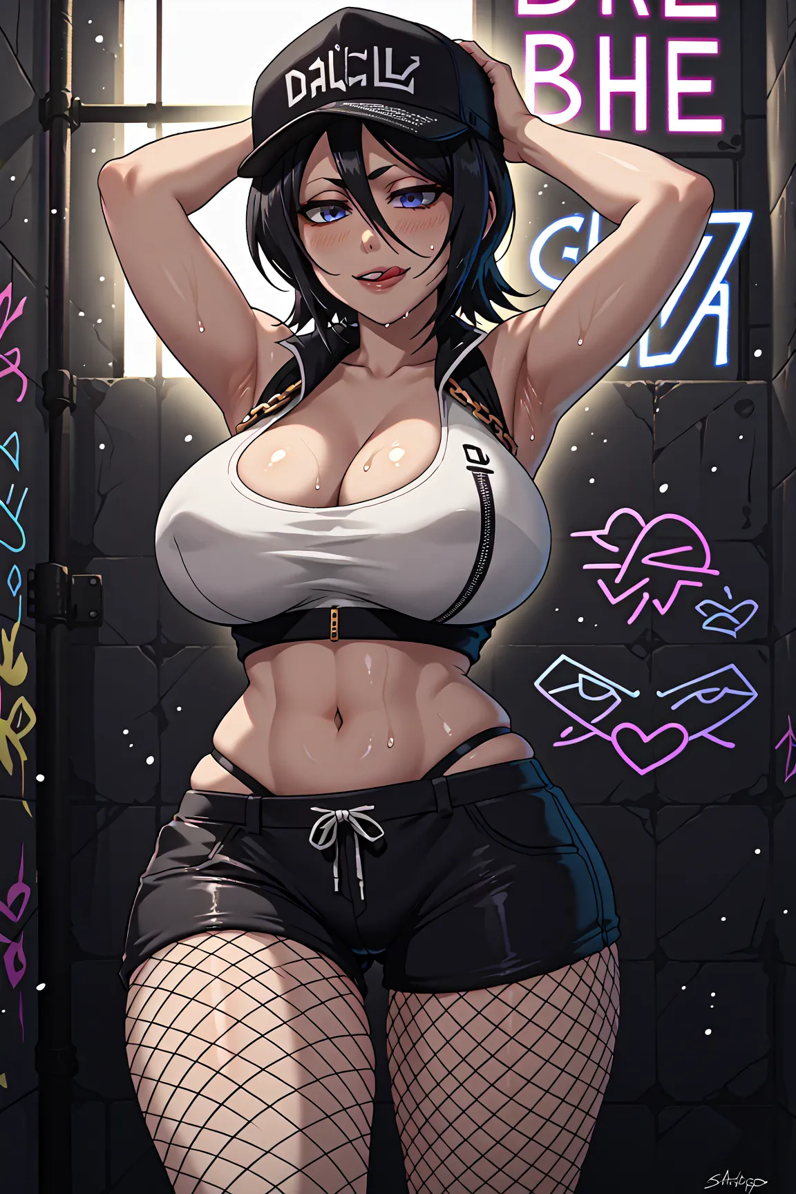 "Rukia Kuchiki in a relaxed,  short black hair is slightly tousled by the breeze, and she wears a pair of chic sunglasses. "Create an image of a female character with black hair styled in a trendy, edgy way. She is wearing a modern hip-hop outfit, consisti...