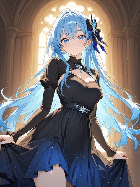 (masterpiece, best quality, extremely detailed), 
1girl, blue hair, very long hair, blue eyes, black bodystocking, short dress, frilled dress, frills, shrug (clothing), hair bow, hair ornament,