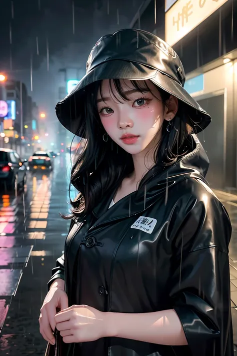 (Highest quality:1.3)、 (Photorealistic)、In the dim city、(Heavy rain:1.37)、(In an empty city)、(I can see big raindrops)、(Raindrop effect:1.5)、、(Wear a brimless tubular hat:1.3)、(A shadowy, misty being wearing a cloak))、Despair and loneliness、The only person...