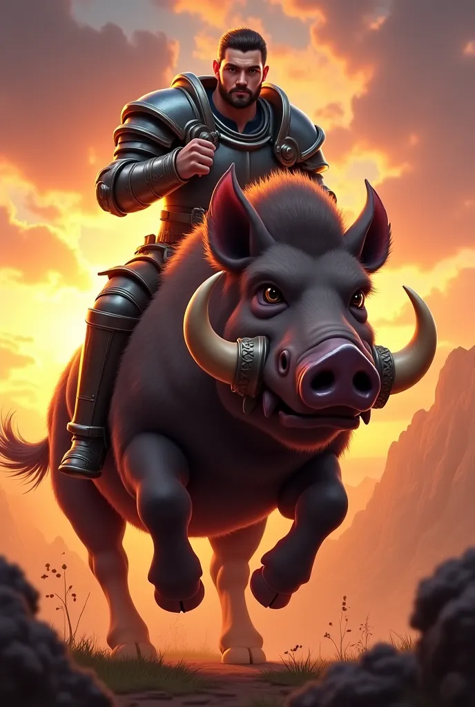 realistic digital painting.  Epic scene, depicting a hero riding a mighty boar, вдохновлённого Clash Royale. The hero in a dynamic pose with a determined expression, dressed in detailed armor with medieval elements. A mighty boar with carefully rendered fu...