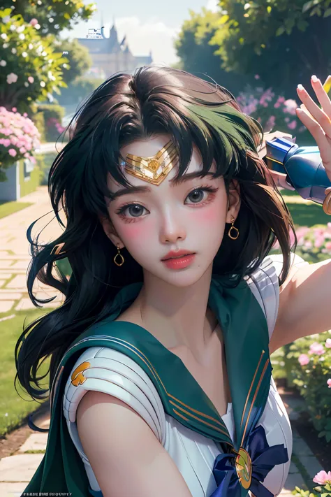 (Extreme Detail CG Unity 8K wallpaper, masterpiece, highest quality), (exquisite lighting and shadow, highly dramatic picture, cinematic lens effect), (Sailor Moon: 1.4), delicate facial features, charming smile, star eyes, ((dark green hair)), tight top, ...